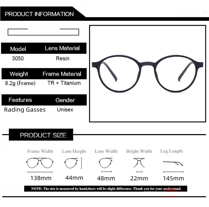 Diagram of OUTMIX Pure Titanium Anti Blue Light Reading Glasses, model 3050: resin lenses, TR + titanium frame, 138mm width, 44mm lens height, 145mm leg length; weighs 8.2g. Enjoy free shipping on purchase.