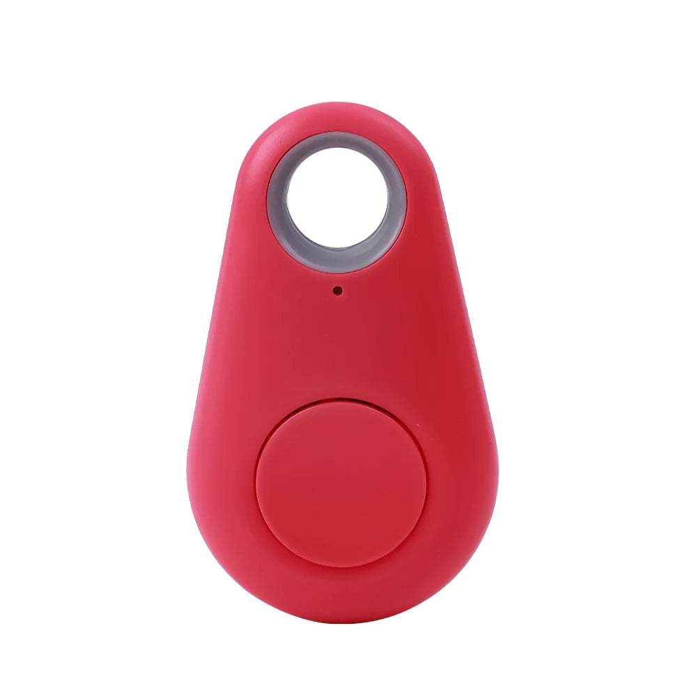 The Mini Smart Bluetooth Tracker - GPS Locator for Pets is a sleek, red, teardrop-shaped device with a circular button and top hole for easy attachment to keyrings or bags, offering real-time tracking to keep your valuables secure.