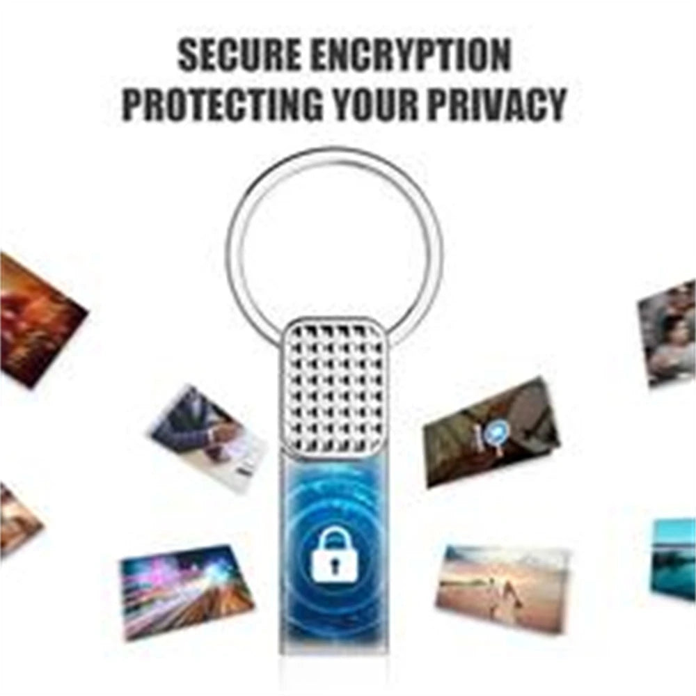 Floating images surround a pixelated digital padlock with text reading Secure Encryption Protecting Your Privacy, reminiscent of the Lenovo 2TB USB 3.0 OTG Pen Drive - High-Speed Storage, ensuring top-notch data security and privacy protection.