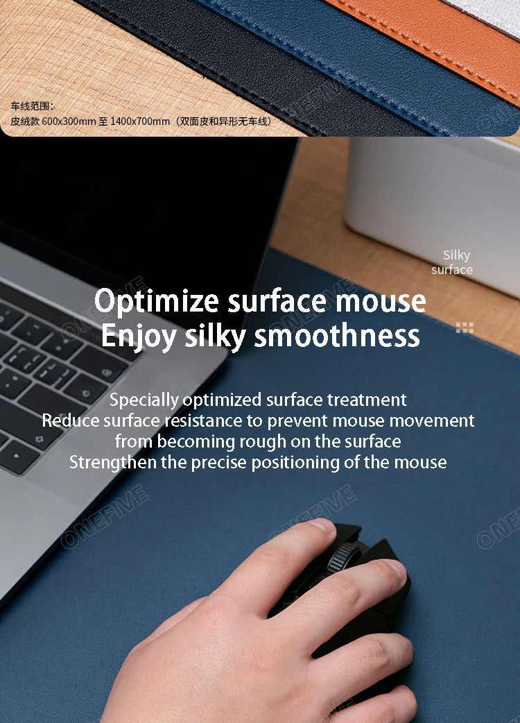 A hand uses a mouse on a dark blue AIPHY Large PU Leather Mouse Pad. A laptop is partially visible. Text highlights the mats silky surface for smooth, precise control. Various colors of these stylish waterproof desk mats are showcased above.