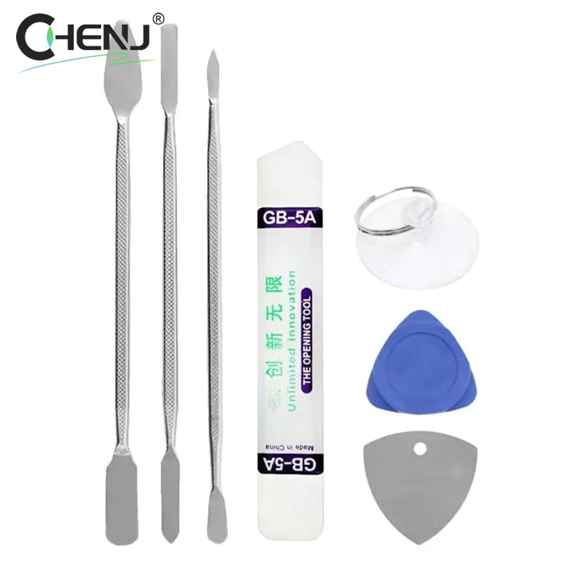 Explore the 7pcs Metal Spudger Kit for Easy Phone Repairs. This kit features three double-ended spudgers, a plastic case, a circular suction cup, and metal triangle picks—all crafted for electronics repair. Enjoy free shipping on your purchase!.