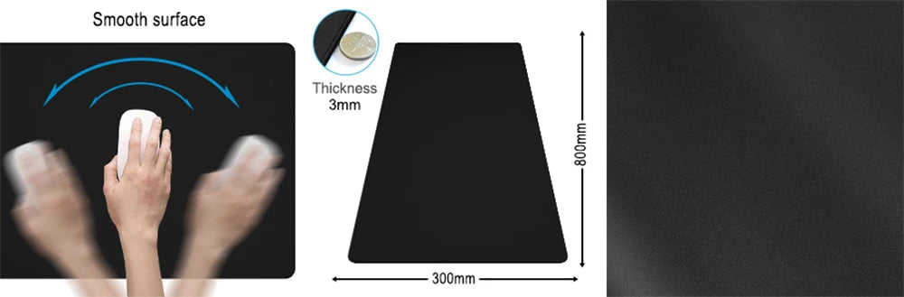 The Ziyoulang Large Mouse Pad 800x300mm has a smooth surface for easy mouse movement, durable stitched edges, and 3mm thickness for longevity, highlighted by its fine texture.