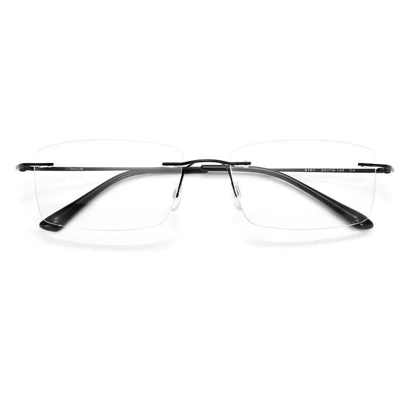 The YINSQER Titanium Rimless Reading Glasses - Blue Light Blocking feature thin black metal temples and clear lenses, shown front-facing on a white background.