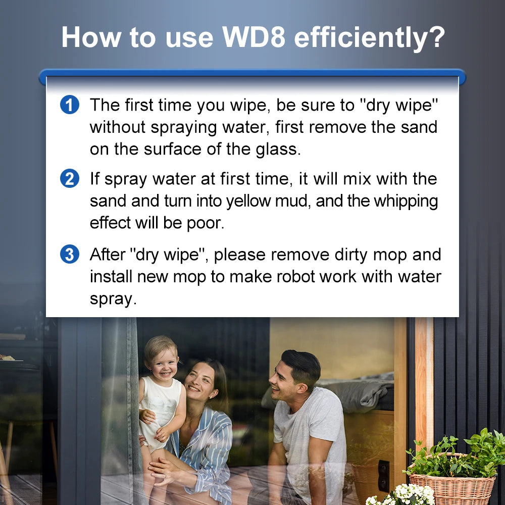 A family of three gathers by a sliding glass door, following instructions on their ABIR WD8 Robot Window Vacuum. They dry wipe first, then utilize its dual spray system for efficient cleaning, finishing with a sleek touch.