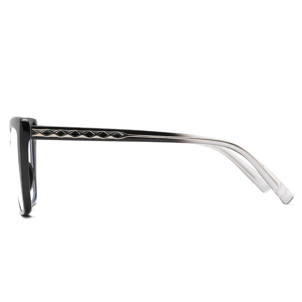 Side view of AABV Womens Cat Eye Bifocal Reading Glasses, featuring a black and silver frame with arms showcasing a subtle diamond pattern. The large lenses enhance the modern, sleek cat eye design for stylish clarity.