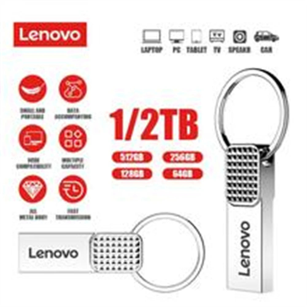 Discover the Lenovo 2TB USB 3.0 OTG Pen Drive, a sleek and robust storage solution. With sizes available in 512GB, 256GB, 128GB, and 64GB, it supports various devices and is perfect for on-the-go use with its stylish metal design.
