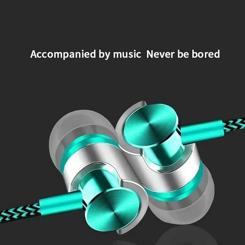 A close-up of metallic turquoise VIKEFON Noise Cancelling Wired Earphones against a dark background, with Accompanied by music Never be bored above. These earbuds offer superior sound quality, glowing accents, and a braided cable.