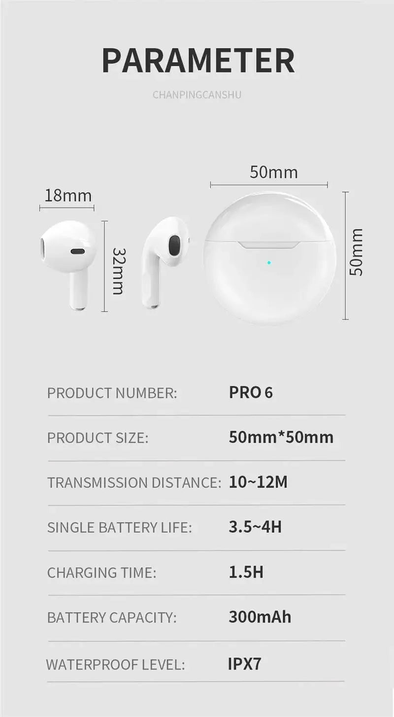 Original Pro6 TWS Bluetooth 5.0-ørepropper med støyreduksjon