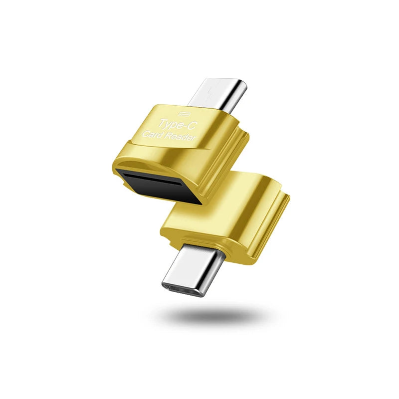 Two yellow AICSRAD Type C to Micro-SD Adapters with silver connectors are diagonally mirrored on a white background. Fast OTG Readers for Type-C devices, each has Type-C Card Reader printed on top.