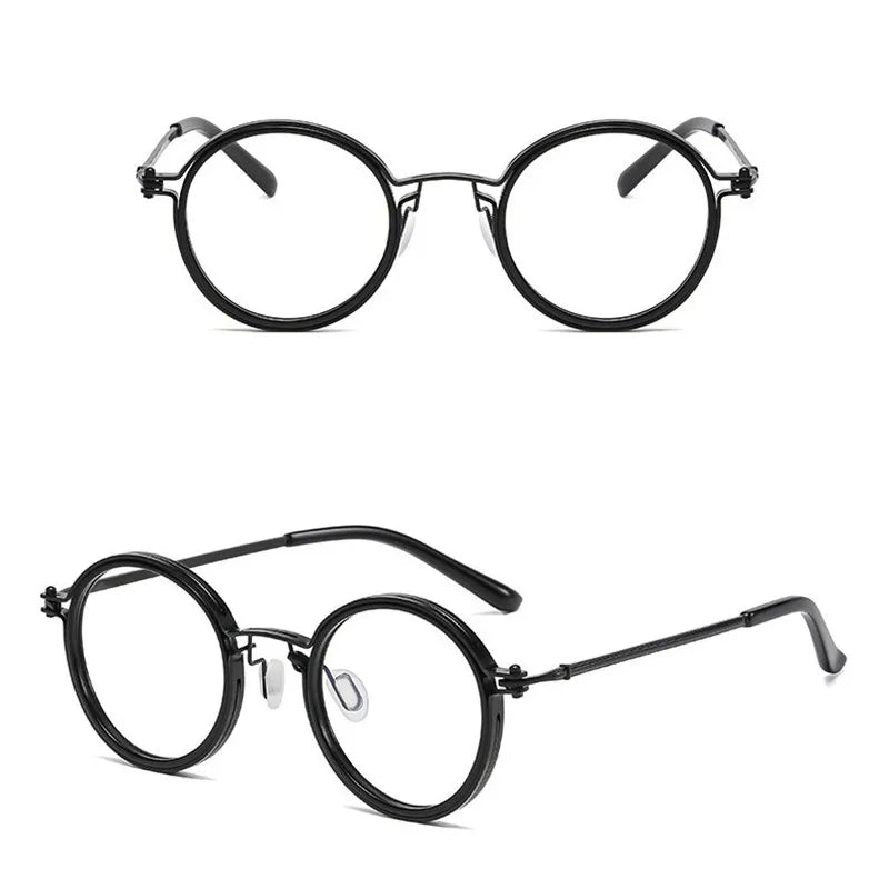 Two views of KLASSNUM Mens Round Glasses - Anti Blue Light Lenses: front (top) and side with extended arms (bottom). Both show clear lenses and thin, stylish retro frames in black.