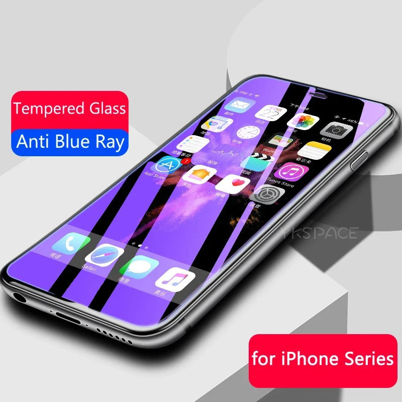A smartphone fitted with the YKSPACE 2Pcs Anti Blue-Ray Tempered Glass Screen Protector in a purple tint is shown, labeled “Anti Blue-Ray for Eye Care Technology” and “for iPhone Series.” The display features various app icons.