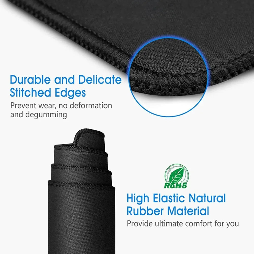 This close-up of the Large Terrain Map Gaming Mouse Pad reveals its black stitched edges for durability and comfort. Half rolled to show flexibility, it features a non-slip design with durable, delicate stitched edges and high-elastic natural rubber material.