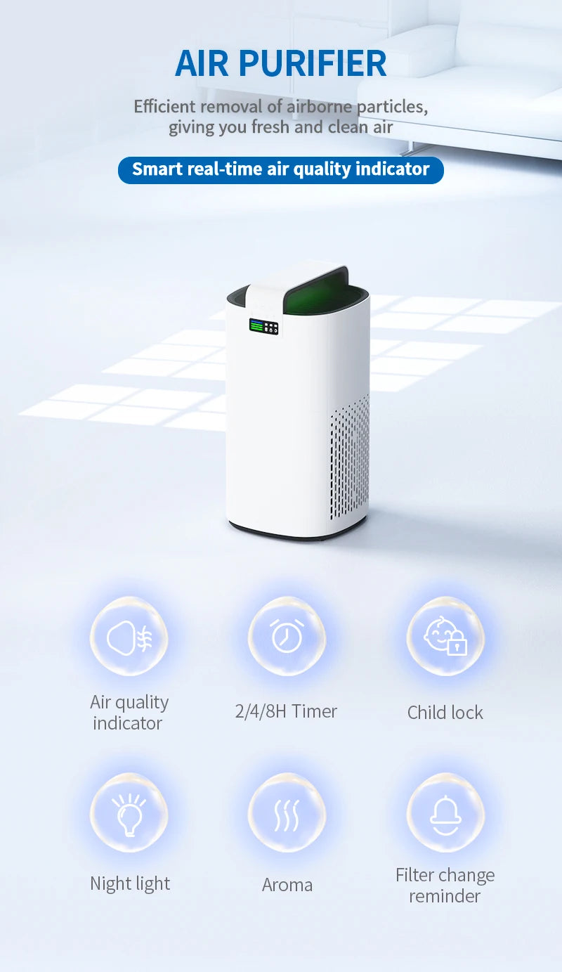 The JNUO H13 HEPA Air Purifier for Smoke and Aromatherapy is shown in a sunlit room. It has features like real-time air quality indicator, 2/4/8-hr timers, child lock, night light, aroma function, filter change reminder. Its white with an advanced filtration system and green top section.
