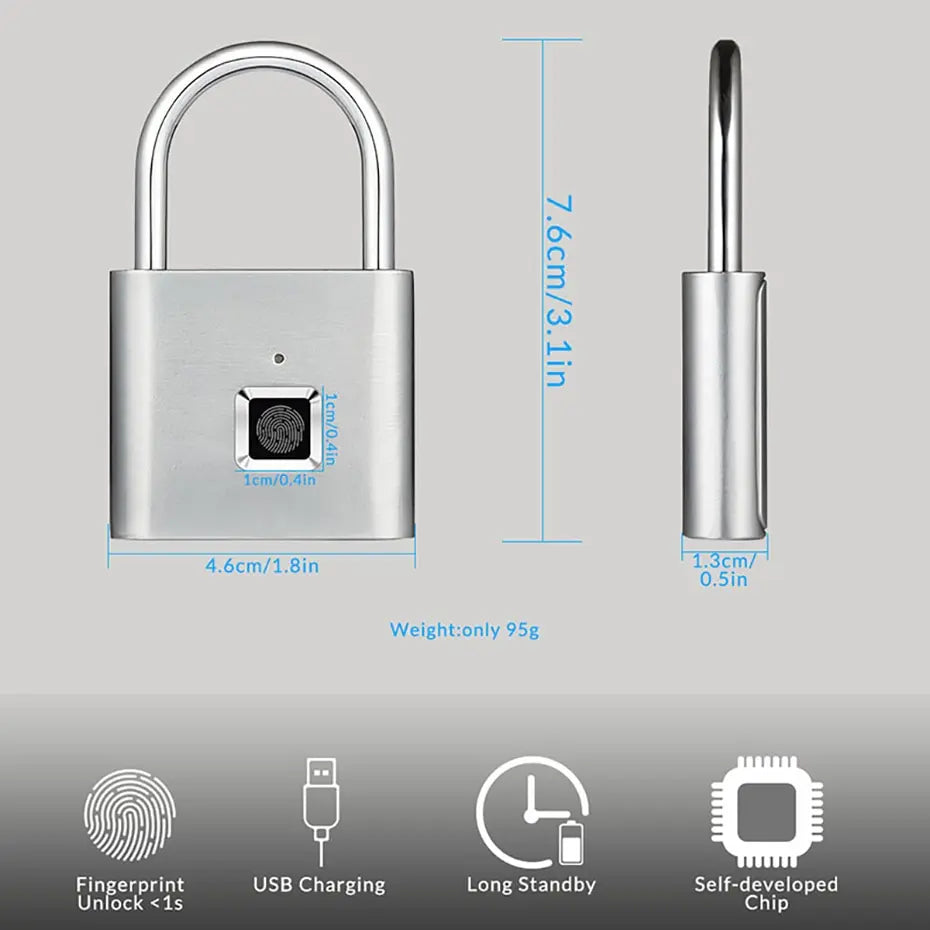 Introducing the KERUI Keyless Fingerprint Padlock, featuring advanced fingerprint tech with dimensions of 7.6cm x 4.6cm x 1.3cm. Enjoy USB charging, extended standby, and a self-developed chip—all in a lightweight 95g design for ultimate convenience and security.