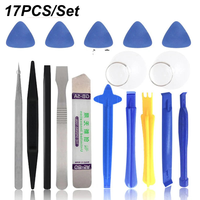 The NoEnName 28 in 1 Screwdriver Tool Kit is perfect for mobile repairs, featuring triangular picks, tweezers, prying tools, a metallic tool, and two suction cups in blue and yellow against a white background.