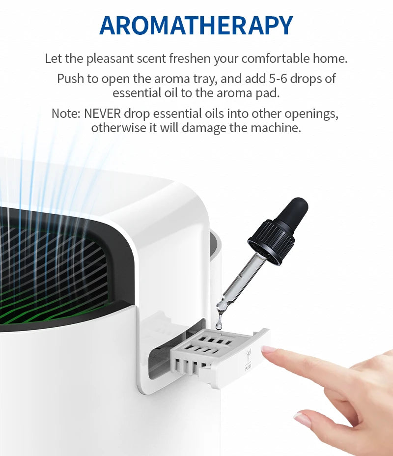 Close-up of a person opening the aroma tray on the JNUO H13 HEPA Air Purifier for Smoke and Aromatherapy, with a dropper adding essential oil. This advanced device prevents smoke and other particles from affecting your aromatherapy experience.