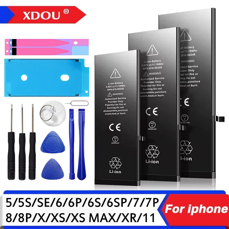 Explore the XDOU Battery for iPhone SE 5-11 Pro, featuring zero-cycle batteries for longer life. Comes with three lithium-ion batteries, screwdrivers, adhesive strips, pry tools, and a blue plastic alignment frame.