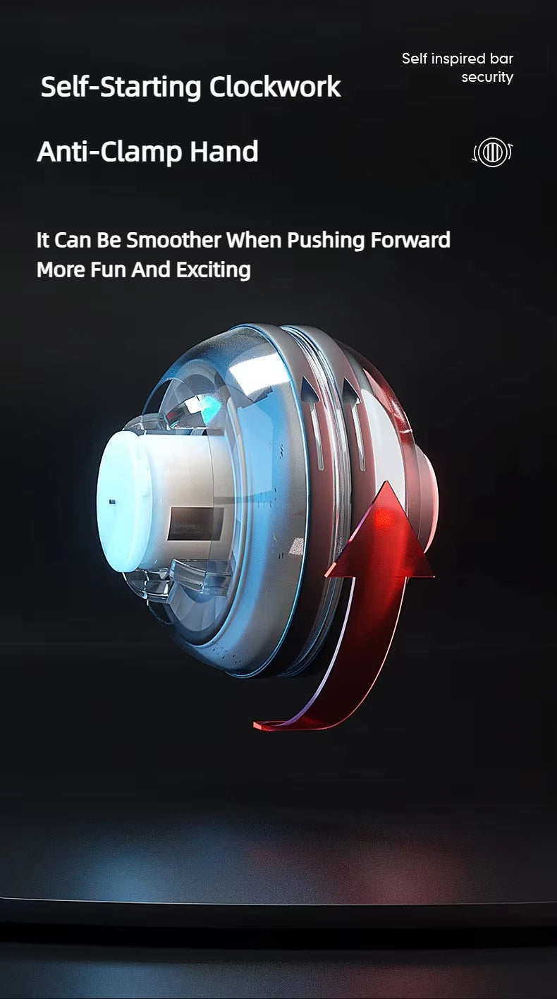 The Gyroball Powerball Forearm Muscle Fitness Equipment features a transparent outer shell revealing internal gears. A red arrow indicates motion, with overlays like Self-Starting Clockwork and Anti-Clamp Hand, plus a security emblem, making it perfect for enhancing hand dexterity.