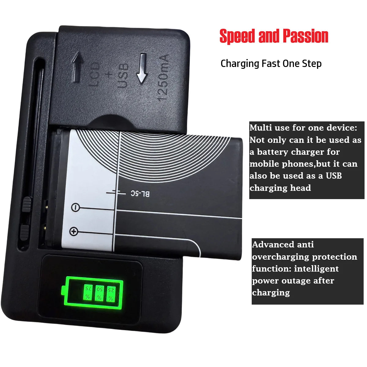The YIBOYUAN Universal USB Battery Charger, shown with a partially inserted battery, has a green LCD displaying charge levels. Red and black text emphasize quick charging, broad compatibility, and smart protection against overcharging.