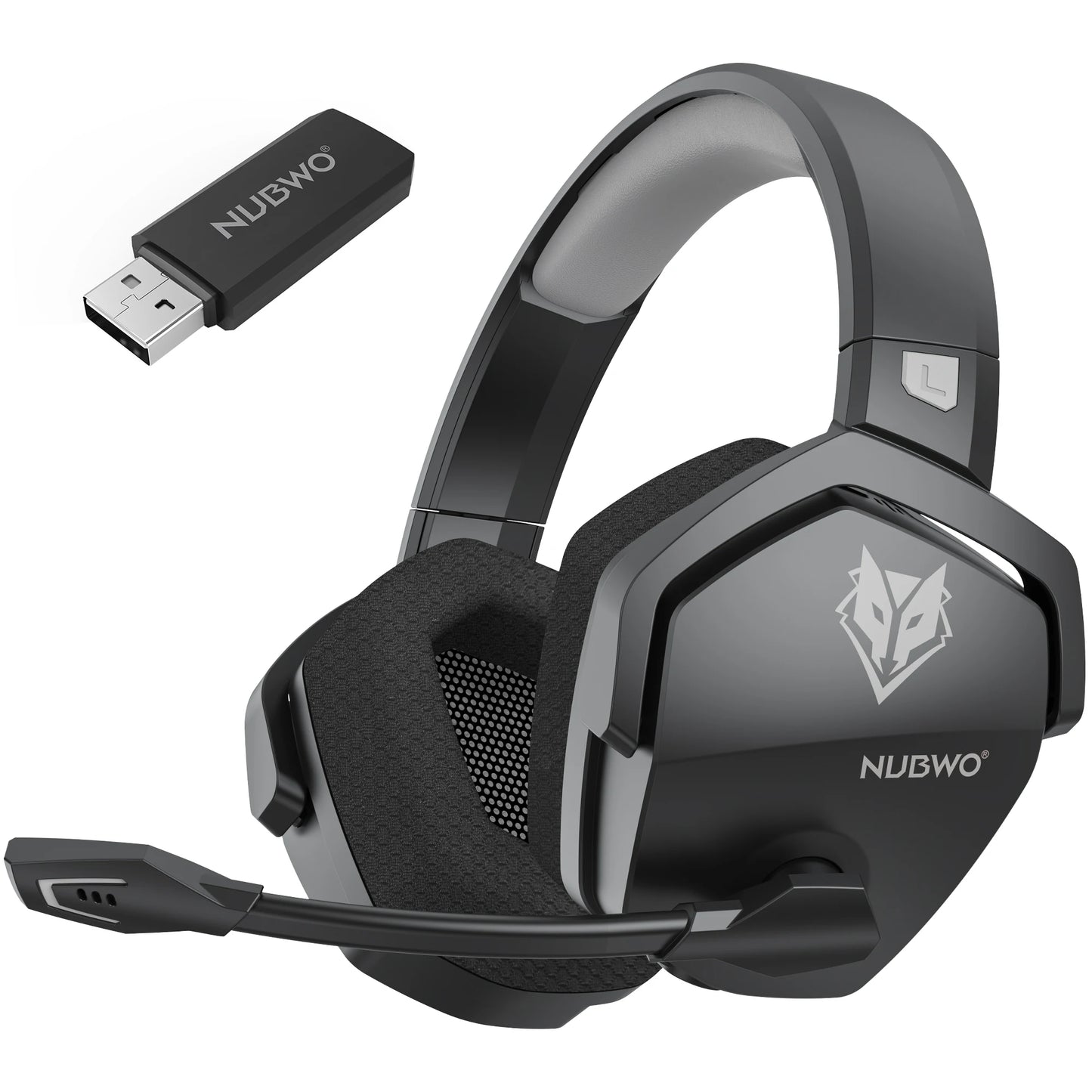 The NUBWO G06 Dual Wireless Headset with active noise cancelling, black and gray design, includes a built-in microphone, USB dongle, and showcases the iconic NUBWO logo with a stylized wolf head on the ear cups and dongle for a sleek look.