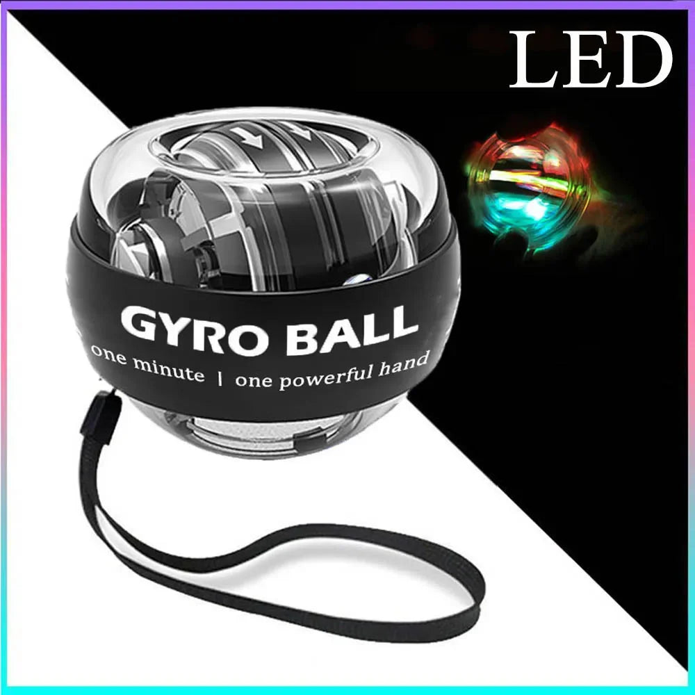 The LED Gyro Wrist Force Handball: Automatic Power is a black and transparent handball with a wrist strap, featuring vibrant LED lights in red, green, and blue. The text highlights its use for strength training: one minute | one powerful hand.