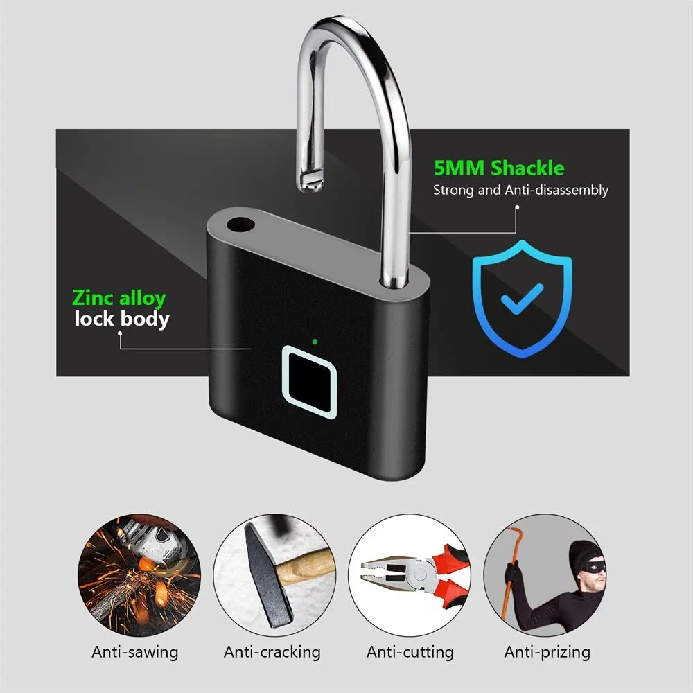 The KERUI Keyless Fingerprint Padlock features a black design with a silver shackle, advanced fingerprint tech, and anti-sawing, anti-cracking, anti-cutting, and anti-prizing features. It has a 5mm shackle, zinc alloy lock body, security icon, and durable waterproof 0.2s unlock capability.