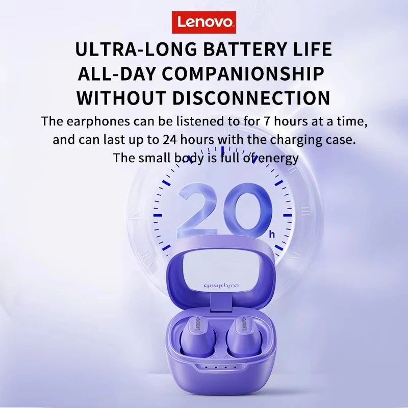 A Lenovo XT62 Bluetooth Earphones case in purple is open, revealing the earphones inside. Above, text highlights their ultra-long 20-hour battery life for uninterrupted all-day use. The Bluetooth V5.3 feature ensures seamless connectivity, with a clock indicating 20 hours in the background.