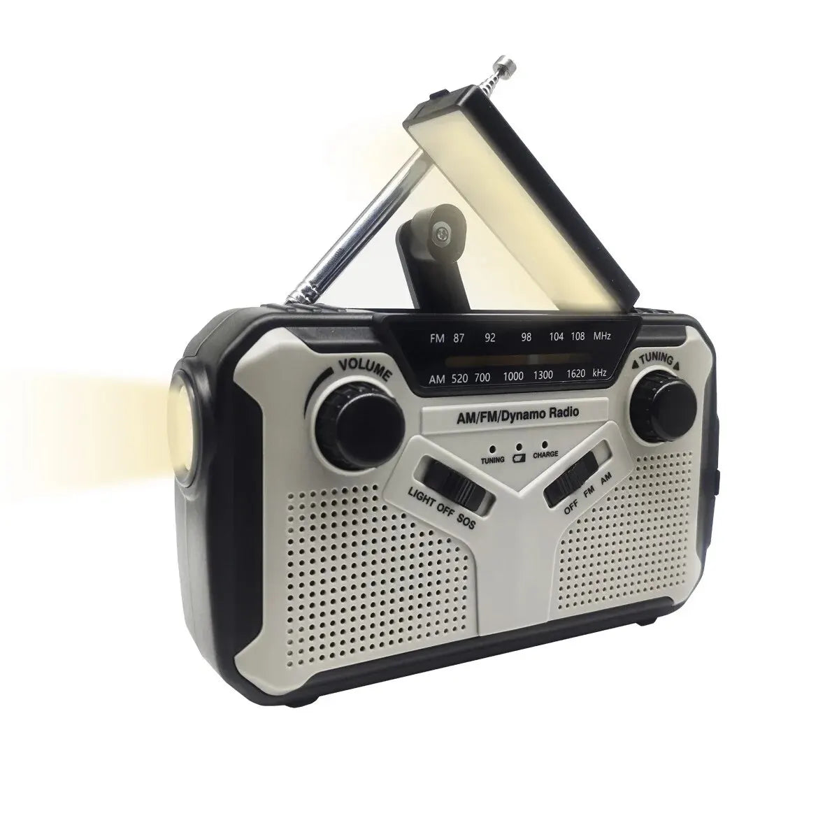 The Sayin Portable Solar Radio features a black carrying handle, retractable antenna, light, volume and tuning dials, speaker grill, and a power bank. Ideal for emergencies, it includes a side flashlight for easy activation.