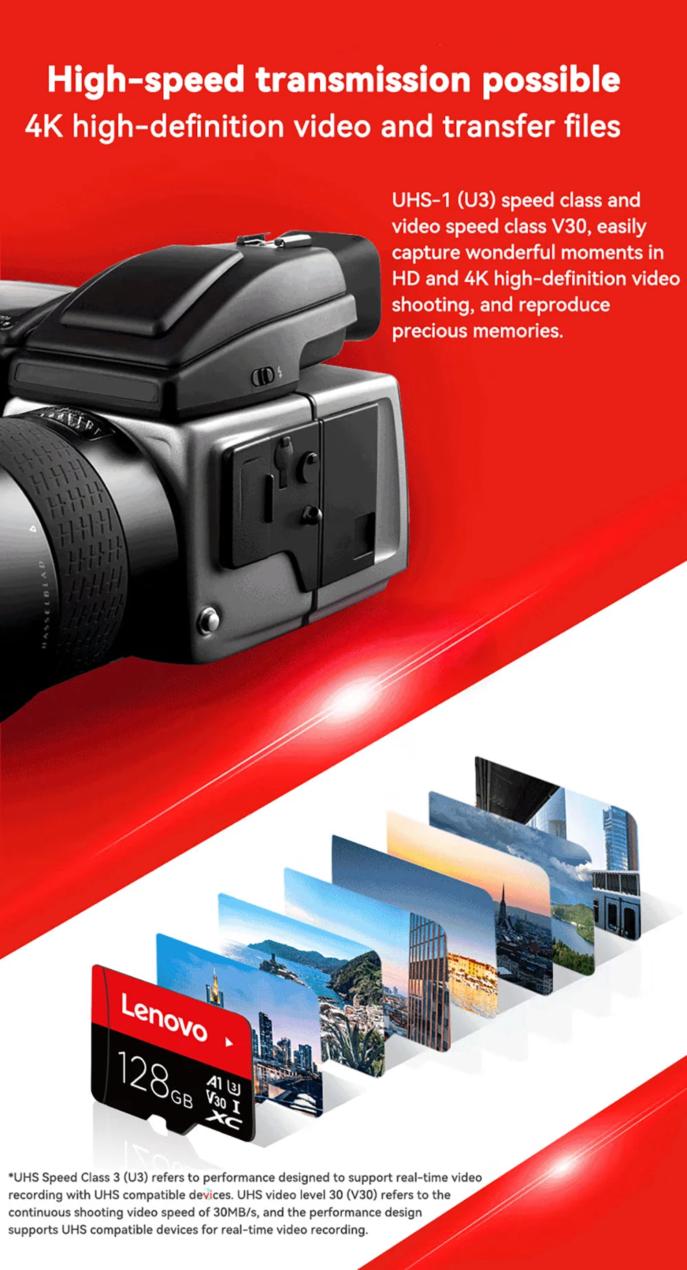 The Lenovo 128GB Micro TF Card, highlighted in a close-up of a digital cameras open memory card slot, features high-speed 100MB/s data storage and UHS-1 (U3) class for 4K HD video and seamless file transfer, surrounded by images of skyscrapers and nature.