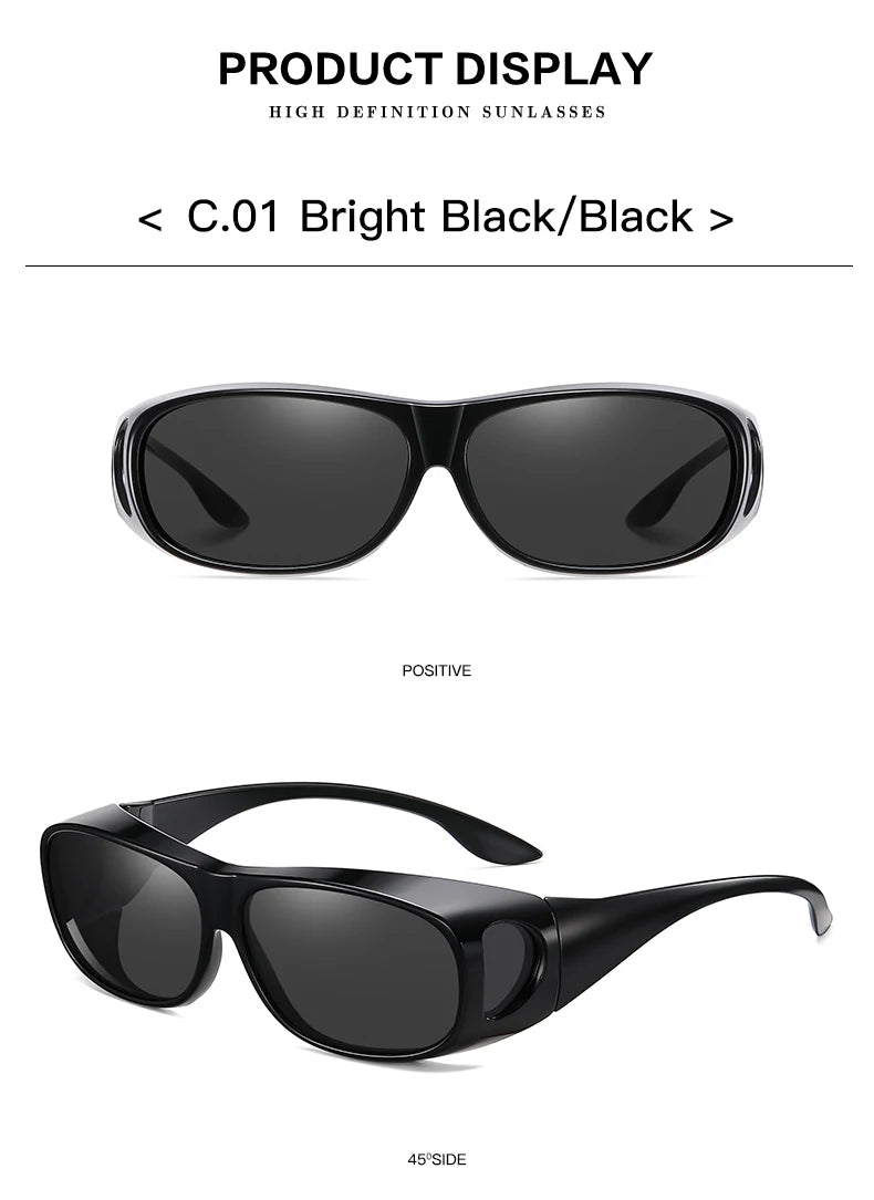 The images showcase MOKDUFF Polarized Sunglasses labeled C.01 Bright Black/Black; the top image is a front view, and the bottom shows a side view at 45 degrees. Sleek and glossy, these sunglasses provide UV400 protection for superior eye safety.