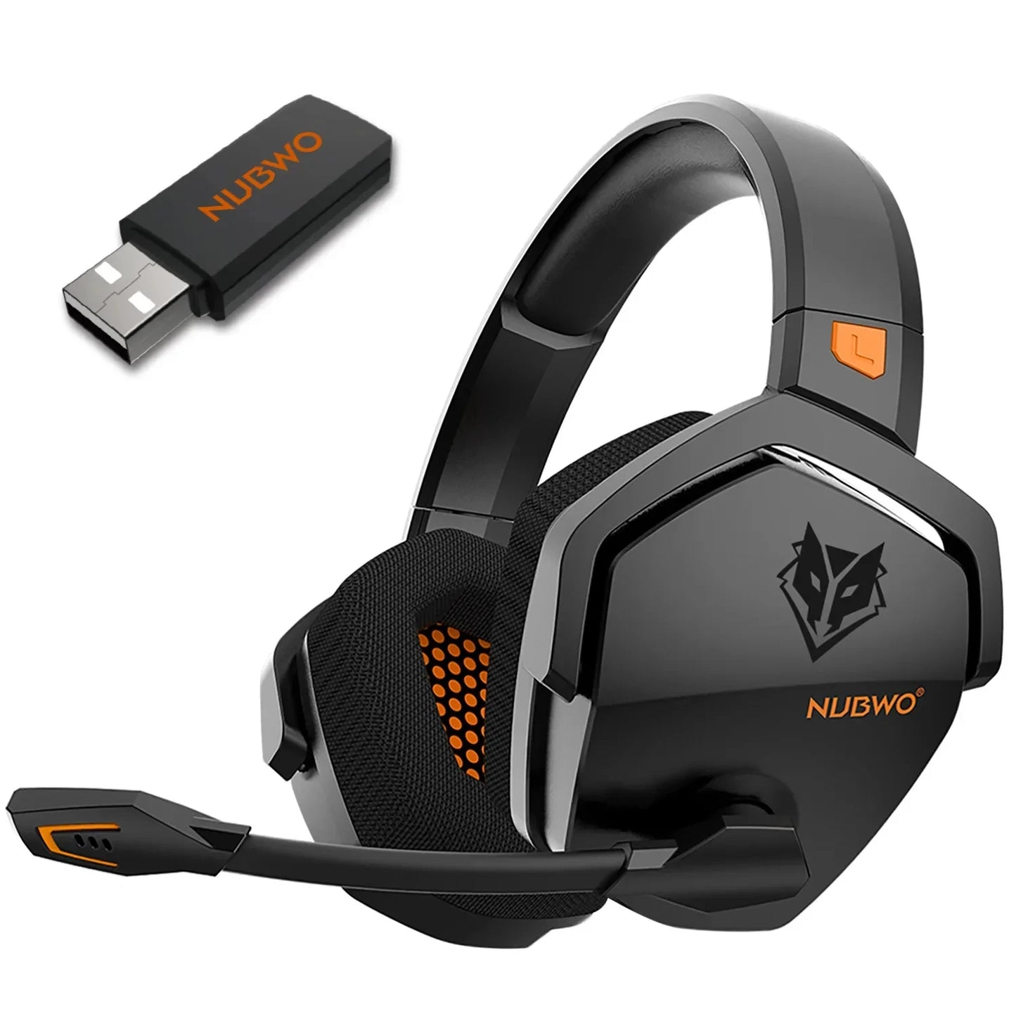 The NUBWO G06 Dual Wireless Headset features angular black ear cups with orange accents, a built-in microphone, and a wolf logo. It offers dual wireless connectivity through a USB adapter and active noise cancelling for immersive gaming.