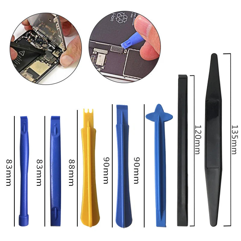 Explore the NoEnName 28 in 1 Screwdriver Tool Kit for effortless mobile repairs. Including plastic pry bars and spudgers in blue, yellow, and black, each tool assists with electronic devices. Close-up images show how to use them to open a phone.