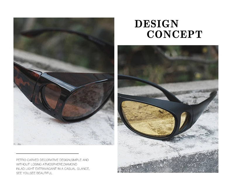 Close-up of two MOKDUFF Polarized Sunglasses with side shields: one tortoiseshell with dark UV400 lenses, the other black with yellow polarized lenses. They rest on stone; DESIGN CONCEPT is in the top right corner.