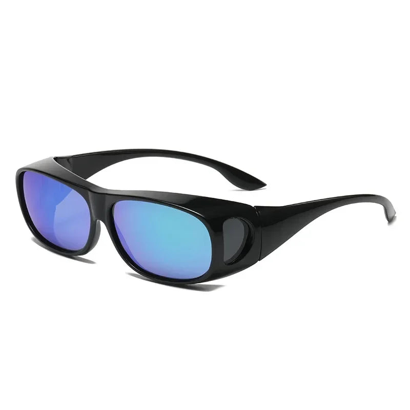 MOKDUFF Polarized Sunglasses feature sporty black wraparound frames with polarized reflective blue lenses, side shields for enhanced coverage, and UV400 protection. They fit comfortably over glasses, providing optimal defense against sunlight.