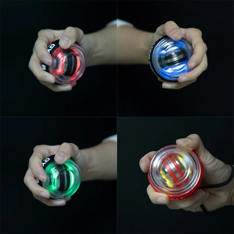 Four images show a hand gripping the LED Gyro Wrist Force Handball: Automatic Power. The spheres glow red, blue, green, and red with yellow accents. This innovative device blends strength training with mesmerizing visuals against a black backdrop.
