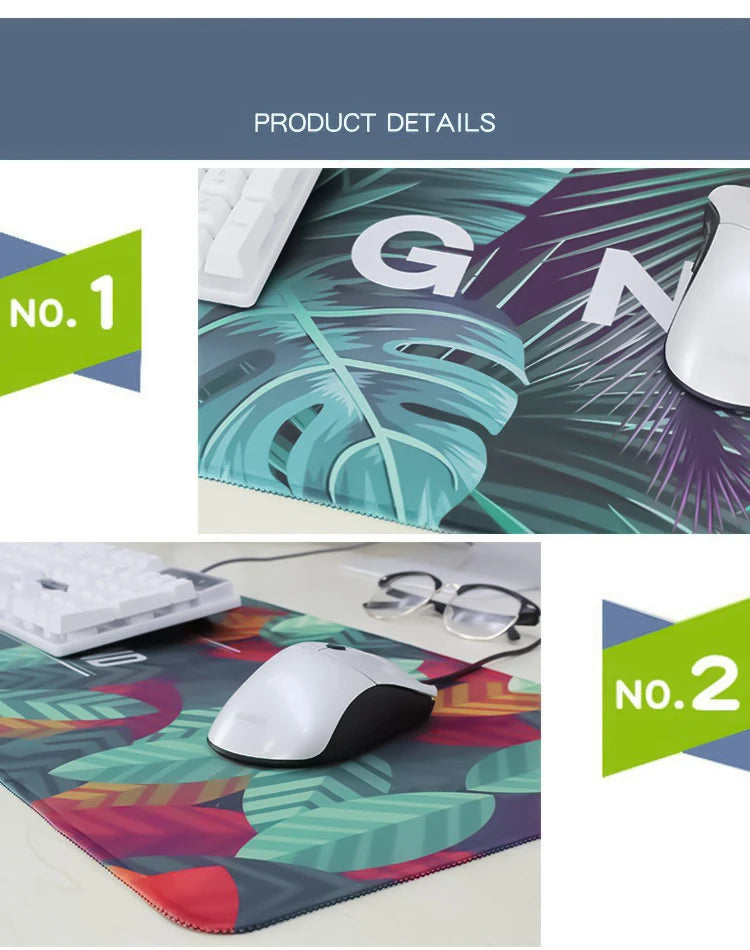 Two images showcase durable TWTOWO Sakura XL Mouse Pads. No. 1 features a non-slip, green-toned pad with a keyboard and white mouse, while No. 2 mirrors this setup in red tones with abstract tropical leaf designs.