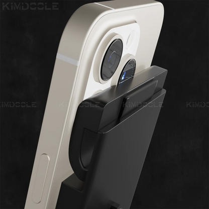 A close-up shows a beige smartphone with an Artpowers Adjustable Tablet Holder, a detachable black accessory functioning as a stand near the camera. Its universal compatibility ensures it fits various devices against a solid black background.