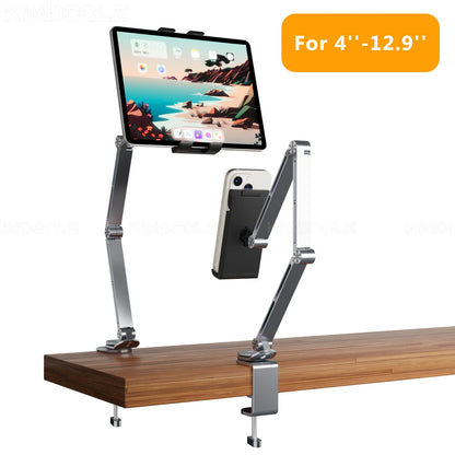 The Artpowers Adjustable Tablet Holder is an elegant, wooden-mounted stand with separate arms for a tablet and phone. Its universal design, marked by an orange label, supports devices from 4 to 12.9 inches effortlessly.