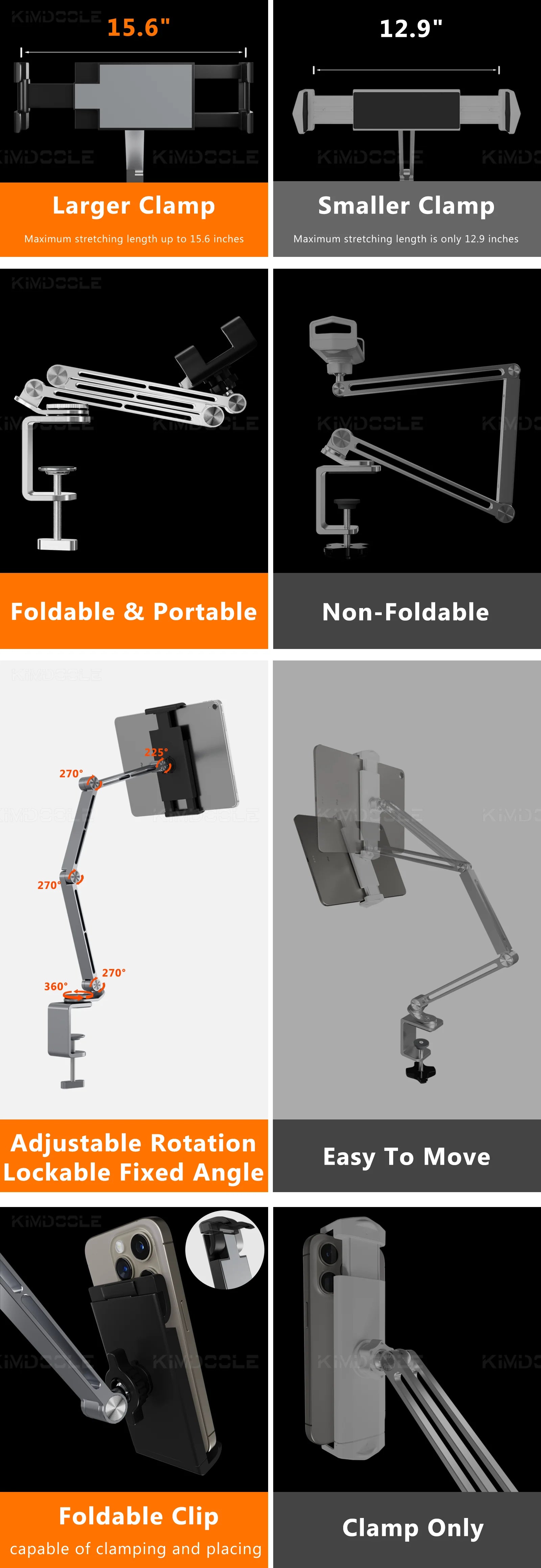 A comparison infographic shows two device clamps: The left column features a larger, foldable clamp compatible with various devices with a 15.6-inch max stretch. The right column displays the Artpowers Adjustable Tablet Holder, non-foldable with a 12.9-inch max length, ideal for tablets.