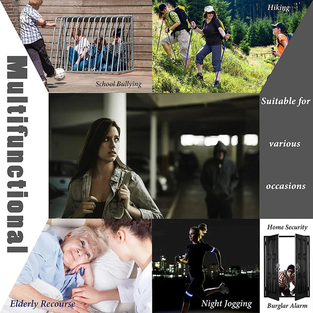 A collage features scenes with text labels: school bullying (kids in a cage), hiking (four adults with personal safety alarms), elderly care (elderly person with caregiver), night jogging (runner using a 130dB Personal Safety Alarm Keychain for Instant Alerts), and home security/burglar alarm.