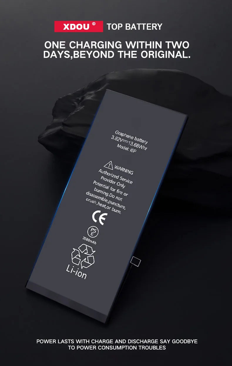 Image of XDOU Battery for iPhone SE 5-11 Pro shows a black graphene lithium-ion battery (3.82V, 16.9Wh). It boasts zero-cycle life lasting up to two days, surpassing original models. Additional warning and disposal info included. Free tools provided.