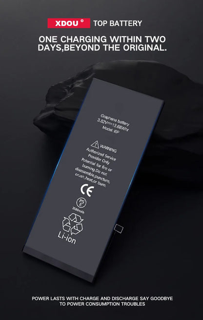 Image of XDOU Battery for iPhone SE 5-11 Pro shows a black graphene lithium-ion battery (3.82V, 16.9Wh). It boasts zero-cycle life lasting up to two days, surpassing original models. Additional warning and disposal info included. Free tools provided.