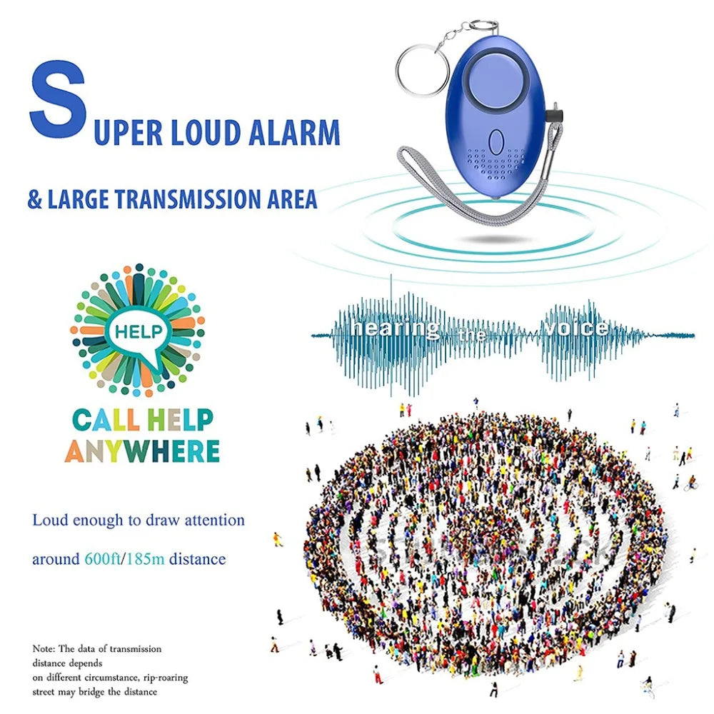 A keychain alarm image promotes the 130dB Personal Safety Alarm, highlighting its loud alert and wide range. Below, people form an eye shape, with sound waves linking to the alarm. The text reads: Call Help Anywhere.