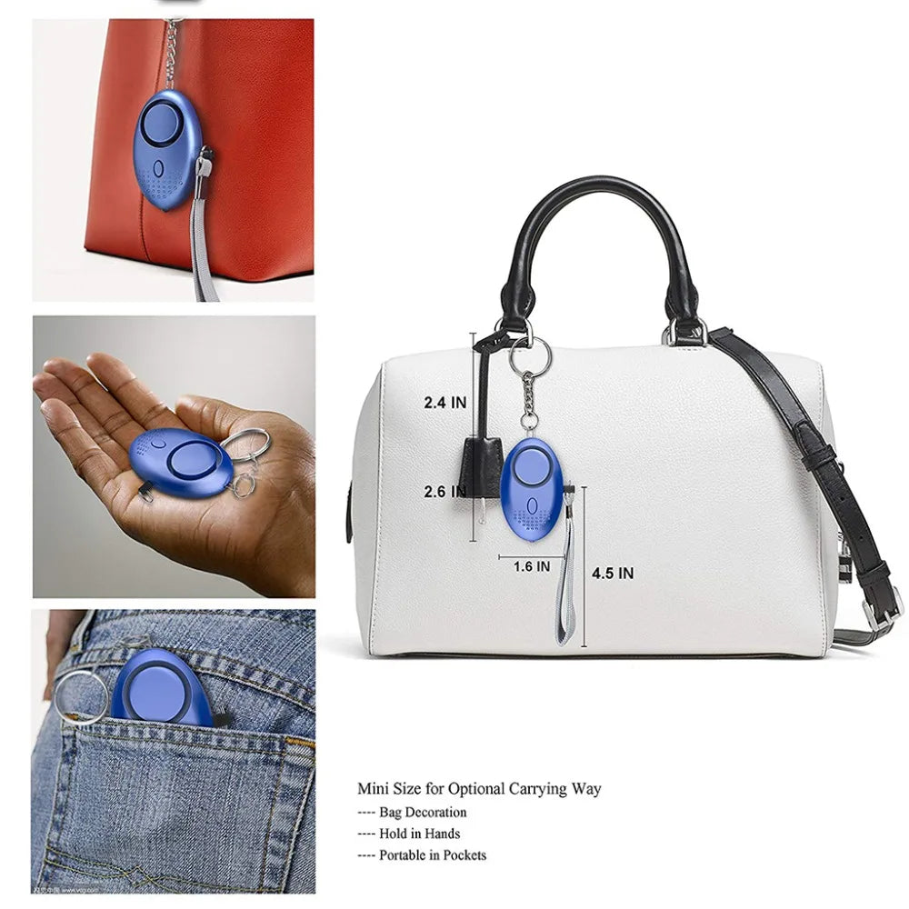 A collage showcases a blue 130dB Personal Safety Alarm Keychain for Instant Alerts on various backgrounds: clipped to a red bag, held in a hand, and tucked into jeans. Its also shown on a white handbag with its dimensions displayed for easy reference.