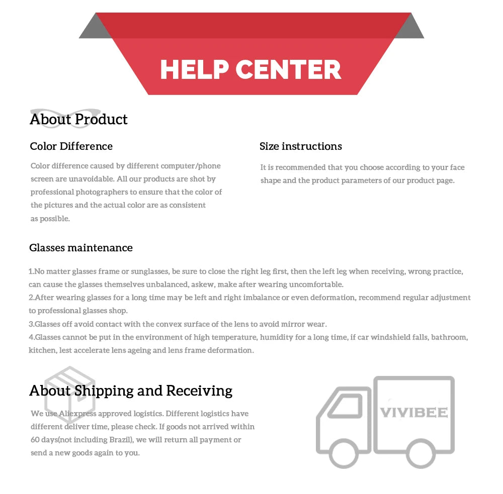A help center page details product info, sizing, and shipping with a stylized truck icon at the bottom right. It includes color variations, lens maintenance for VIVIBEE Mens Polarized Night Vision Glasses - Stylish Clarity, and logistics policies.