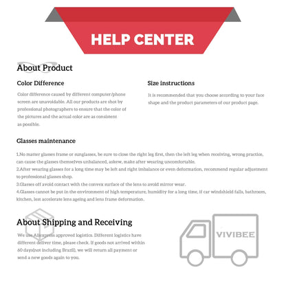 A help center page details product info, sizing, and shipping with a stylized truck icon at the bottom right. It includes color variations, lens maintenance for VIVIBEE Mens Polarized Night Vision Glasses - Stylish Clarity, and logistics policies.