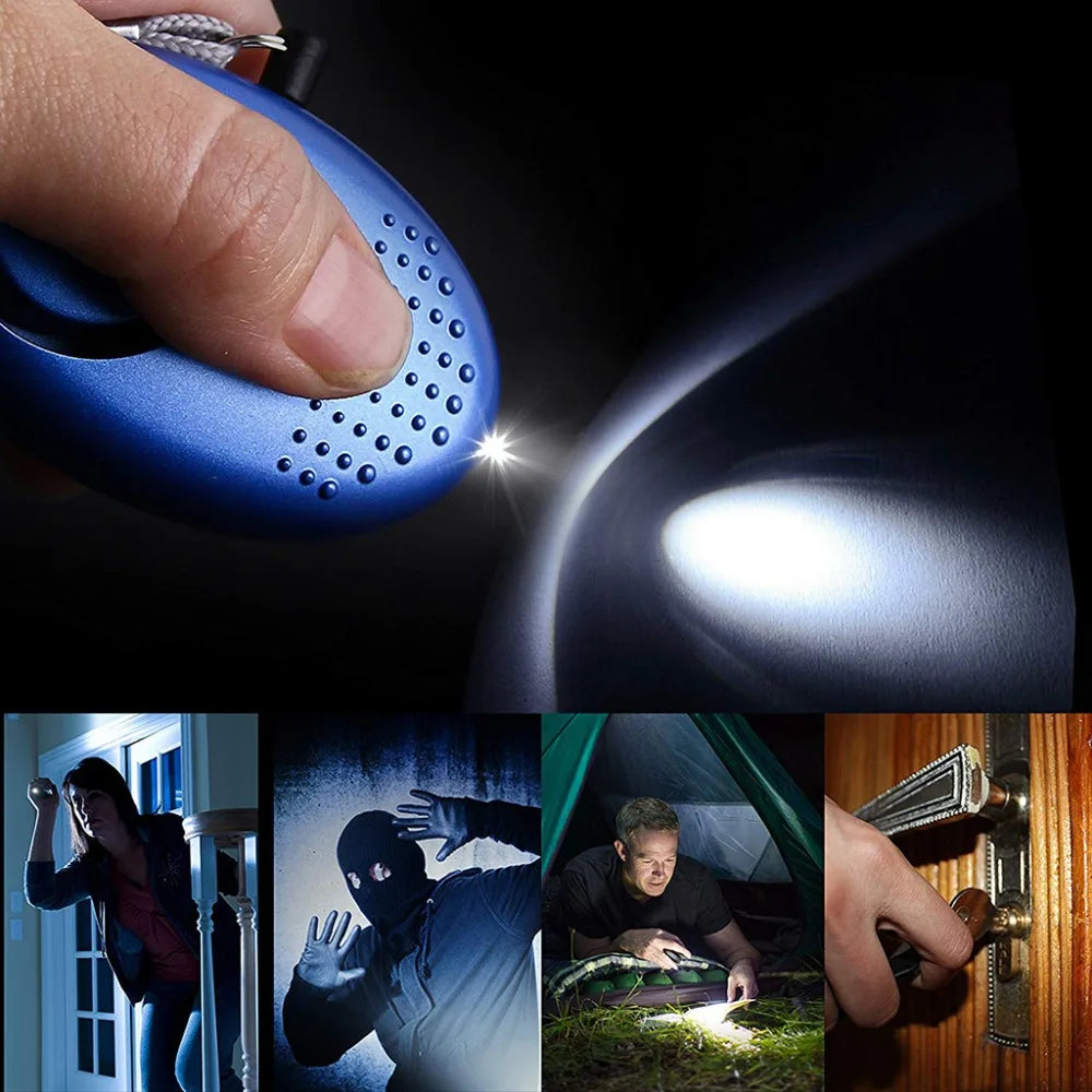 A collage demonstrating the versatility of a small blue flashlight: the top image shows its beam, while below, people use flashlights in a tent, for personal safety, and unlocking doors with a 130dB Personal Safety Alarm Keychain for self-defense.