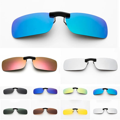 The Honey Joe Polarized Clip-On Sunglasses feature UV400 protection and rimless lenses, available in colors like blue, pink, silver, brown, and yellow, presented on a white background.