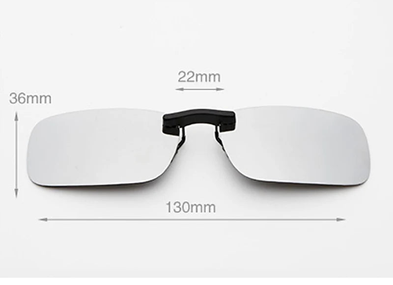 The Honey Joe Polarized Clip-On Sunglasses feature a black clip and frameless design against a white background, measuring 36mm in height, 130mm in width, and a 22mm bridge. They offer UV400 protection for excellent eye safety, clarity, and comfort.