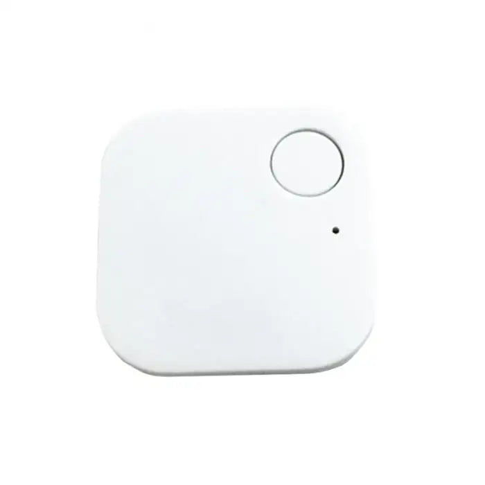A small, white, square-shaped Smart Bluetooth 4.0 Anti-Lost Tracker for Valuables features rounded edges, a circular button in the top right corner, and a tiny dot below it—perfect for tracking keys or pets.